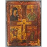 Ikone. Maria mit Kind, Josef, Georg, Apostel und mittig Christus am Kreuz. 27 cm x 20 cm. Gemälde.