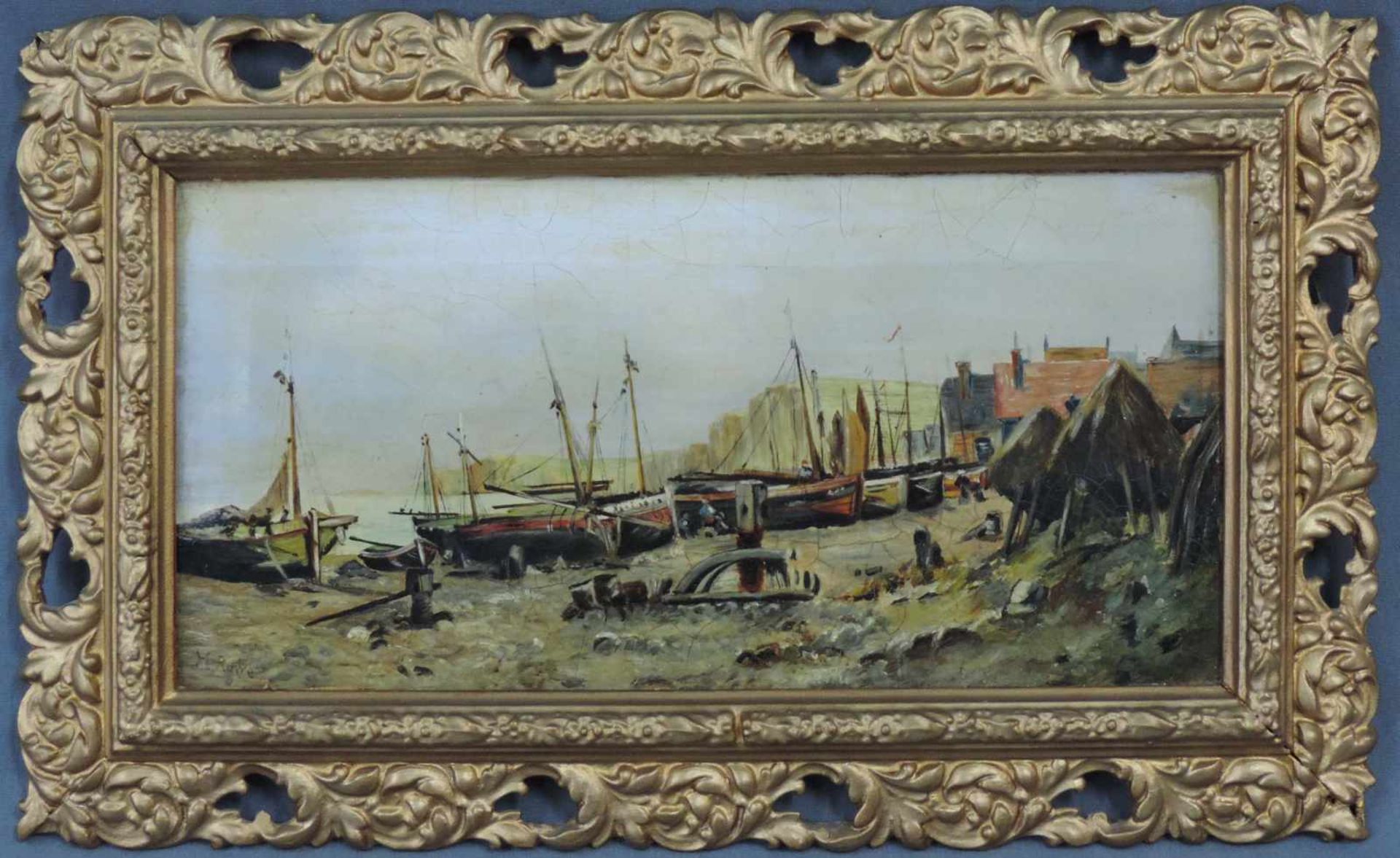 H. RAWE (XIX). "Ships on the Kentish Coast". 18 cm x 36 cm. Gemälde. Öl auf Leinwand. Links unten