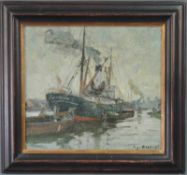 Eugene DEKKERT (1865 - 1956). "English Steamer in German Port". 37 cm x 41 cm. Gemälde. Öl auf