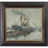 Eugene DEKKERT (1865 - 1956). "English Steamer in German Port". 37 cm x 41 cm. Gemälde. Öl auf