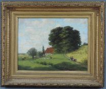 Anton BECKER (1846 - 1915). Wäscherin und Reisende vor Bauernhaus. 45 cm x 51 cm. Gemälde. Öl auf