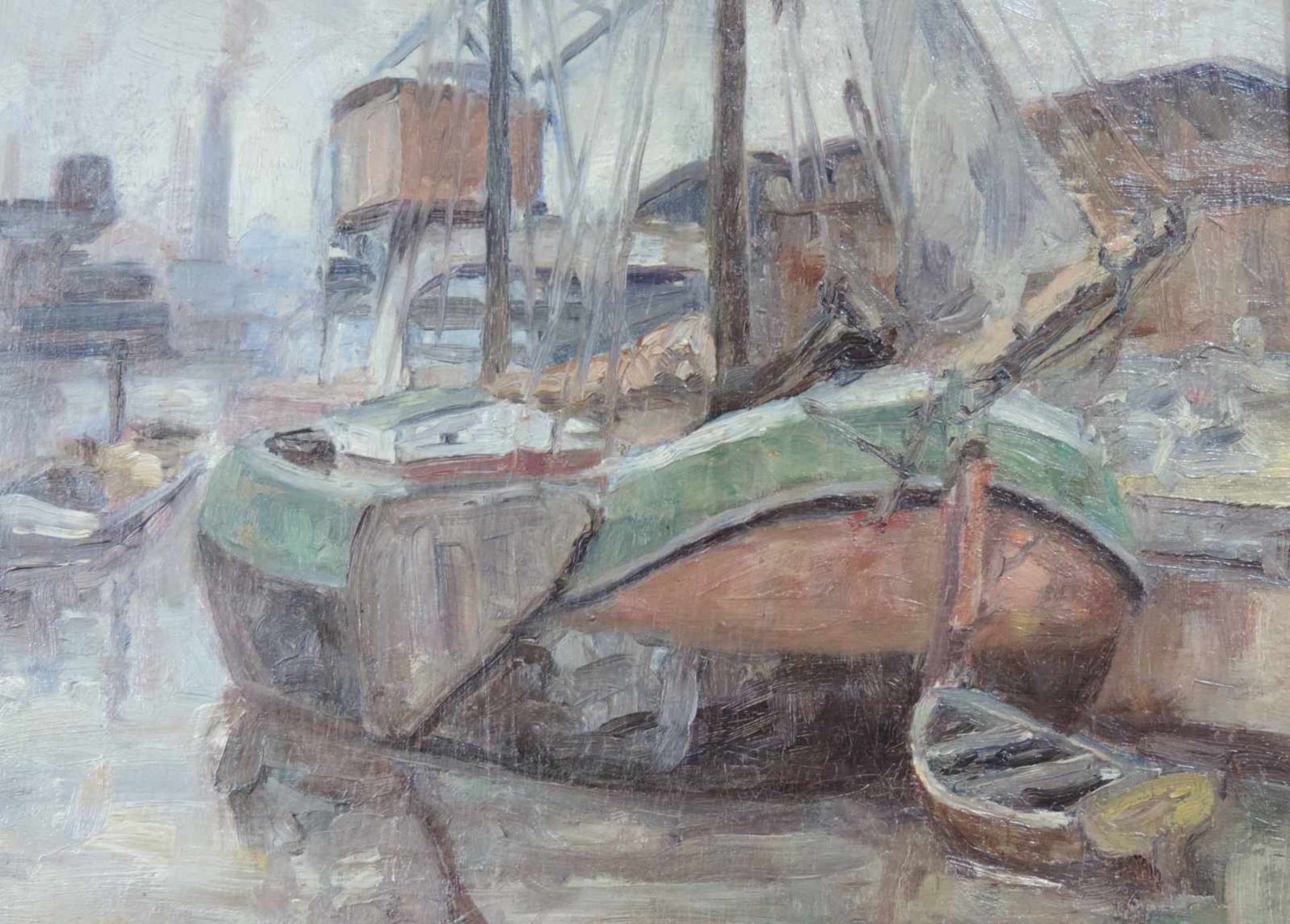 Evert PIETERS (1856 - 1932). Plattbodenschiff im Hafen. 50 cm x 39,5 cm. Gemälde. Öl auf Leinwand. - Image 3 of 7