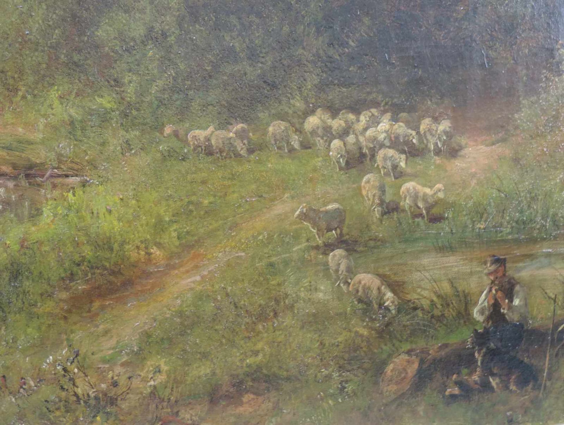 UNLESERLICH SIGNIERT (XIX - XX). Schäfer mit Herde. 78 cm x 93 cm. Gemälde. Öl auf Leinwand. - Image 5 of 7