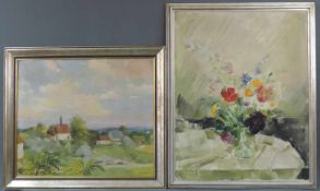 Arno DRESCHER (1882 - 1971). Blumenstillleben und Dorfansicht. Bis 93 cm x 73 cm. 2 Gemälde, je Öl