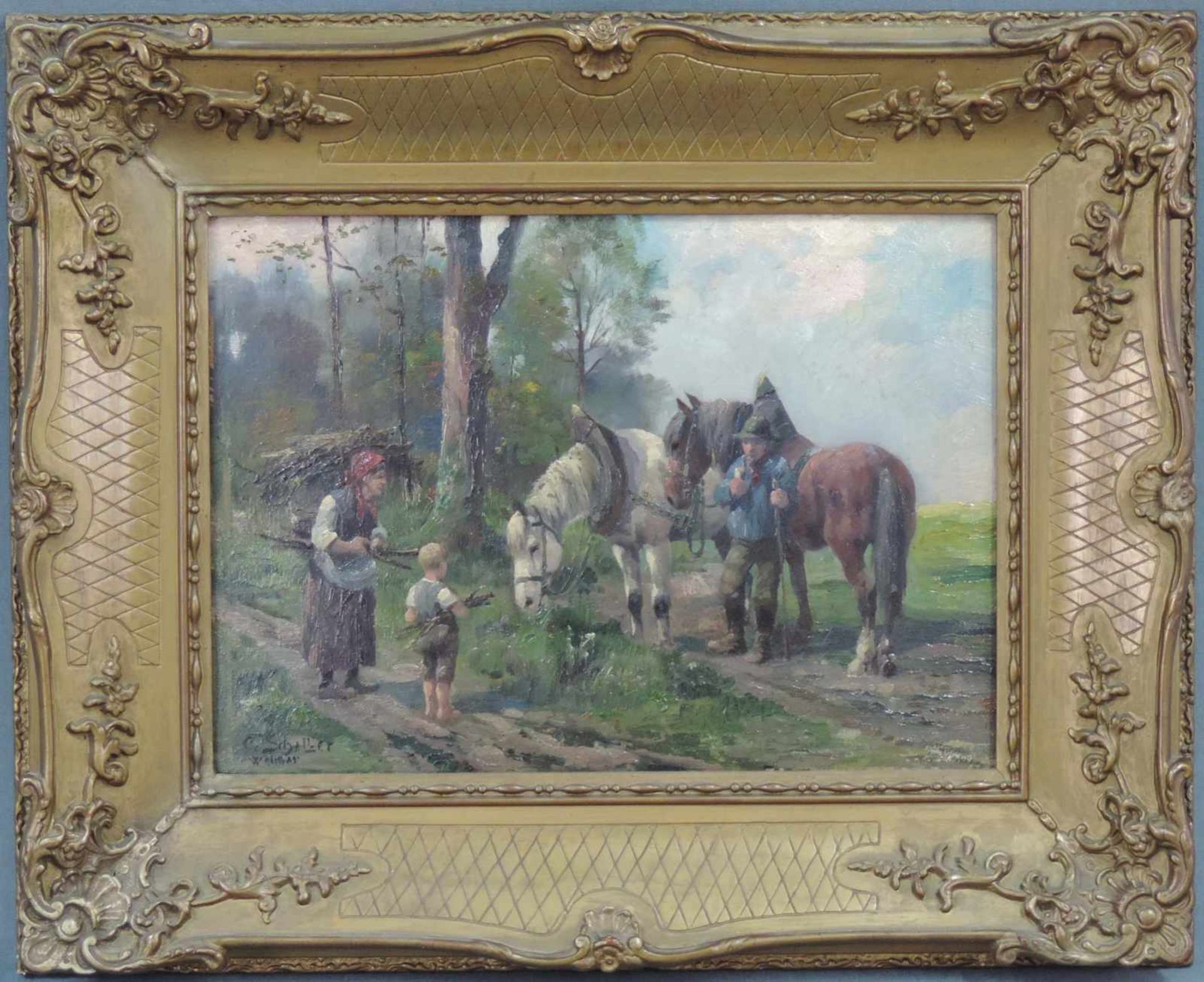 C. Schaller, Weimar. Bäuerlicher Plausch am Waldrand. 23 cm x 32 cm. Gemälde. Öl auf Karton. C.