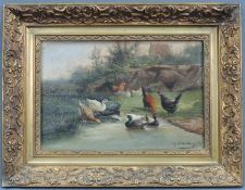 Jef Louis VAN LEEMPUTTEN (1865 - 1948). Federvieh am Bach. 24,5 cm x 36 cm. Gemälde. Öl auf