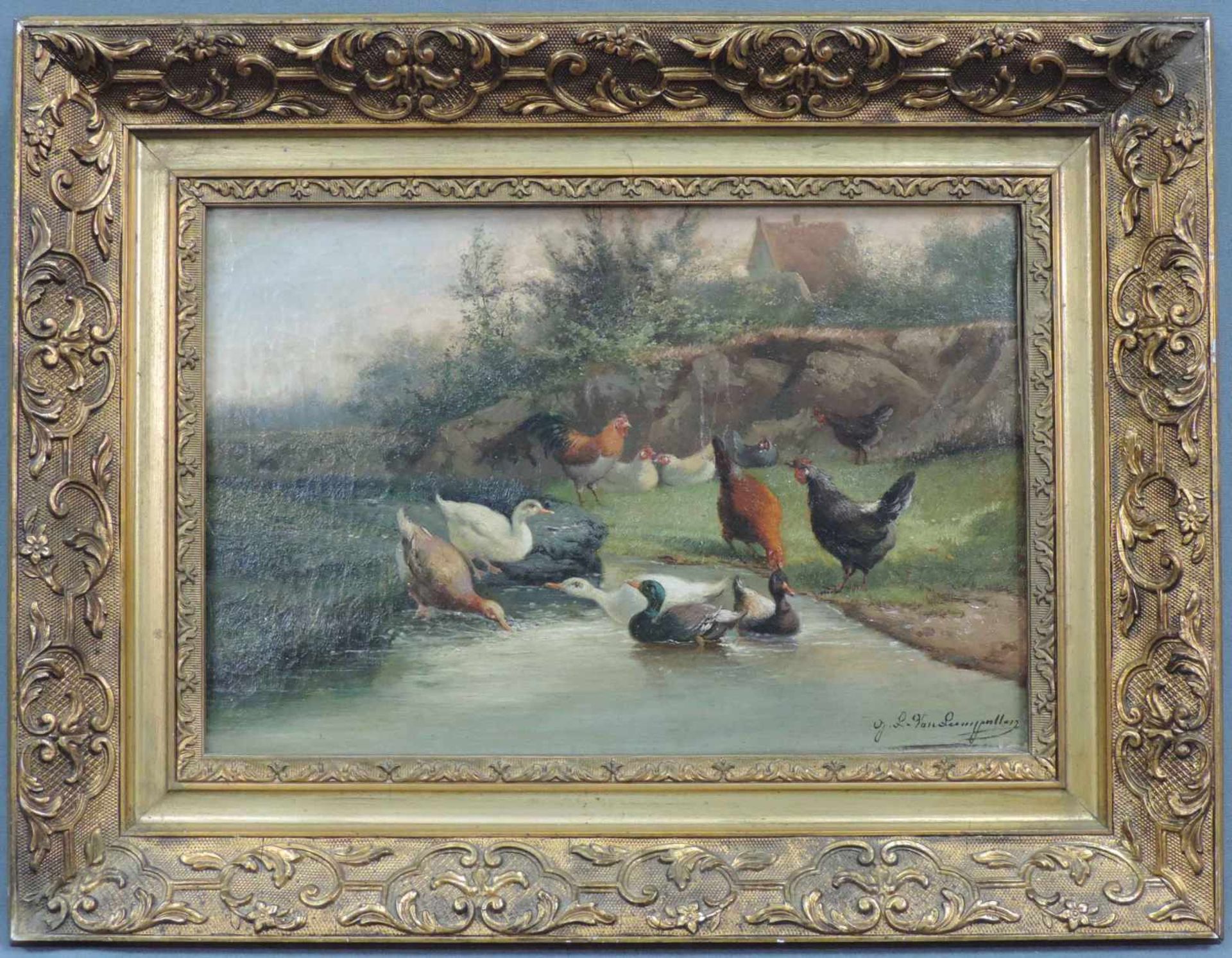 Jef Louis VAN LEEMPUTTEN (1865 - 1948). Federvieh am Bach. 24,5 cm x 36 cm. Gemälde. Öl auf