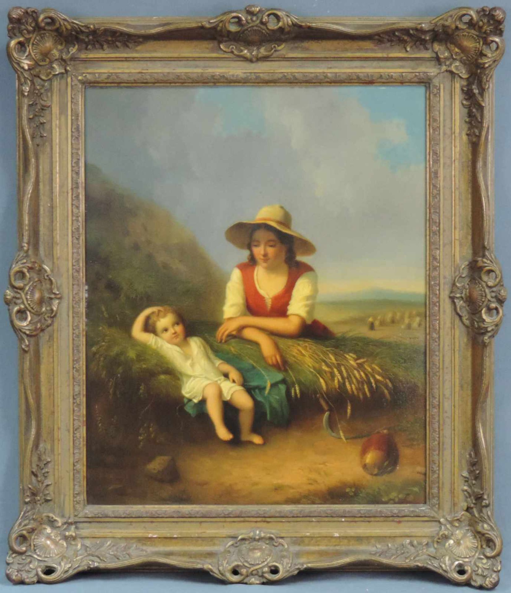 Leendert I DE KONINGH (1777 - 1849). Bauernmädchen mit Kind im Heu. 62 cm x 50 cm. Gemälde. Öl auf