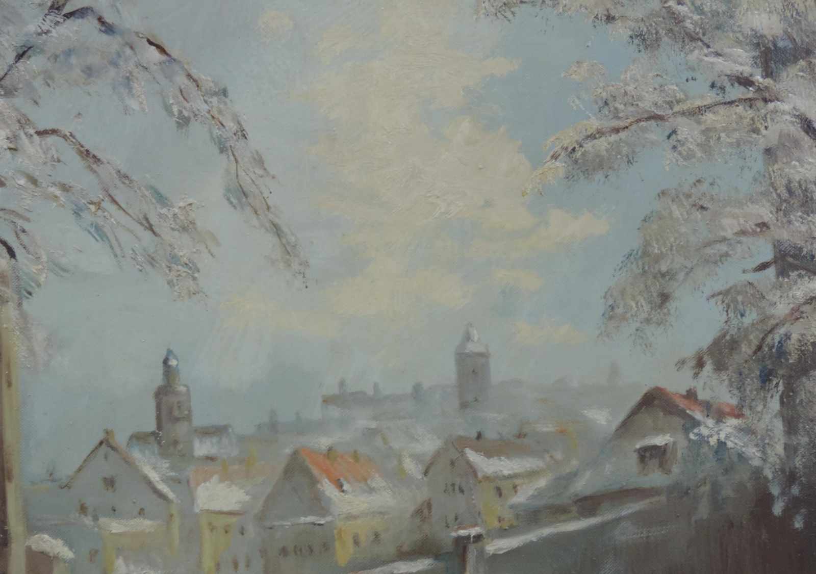 UNDEUTLICH SIGNIERT (XX). Winterliche Stadtansicht. 80 cm x 70 cm. Gemälde. Öl auf Leinwand. Links - Image 5 of 6