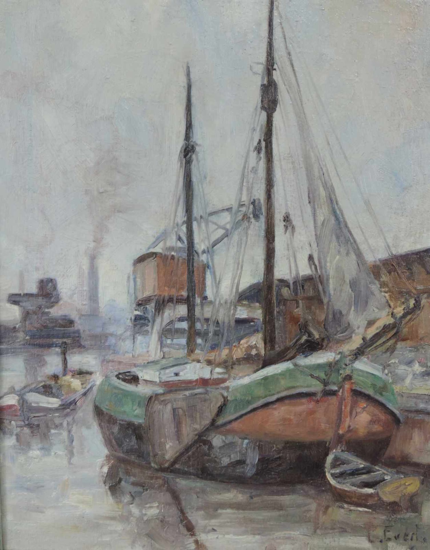 Evert PIETERS (1856 - 1932). Plattbodenschiff im Hafen. 50 cm x 39,5 cm. Gemälde. Öl auf Leinwand. - Image 4 of 7