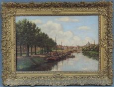 Joseph Gerardus van JOLE (1877 - 1919). Kanal mit Booten vor einer Stadt. 40 cm x 60 cm. Gemälde. Öl