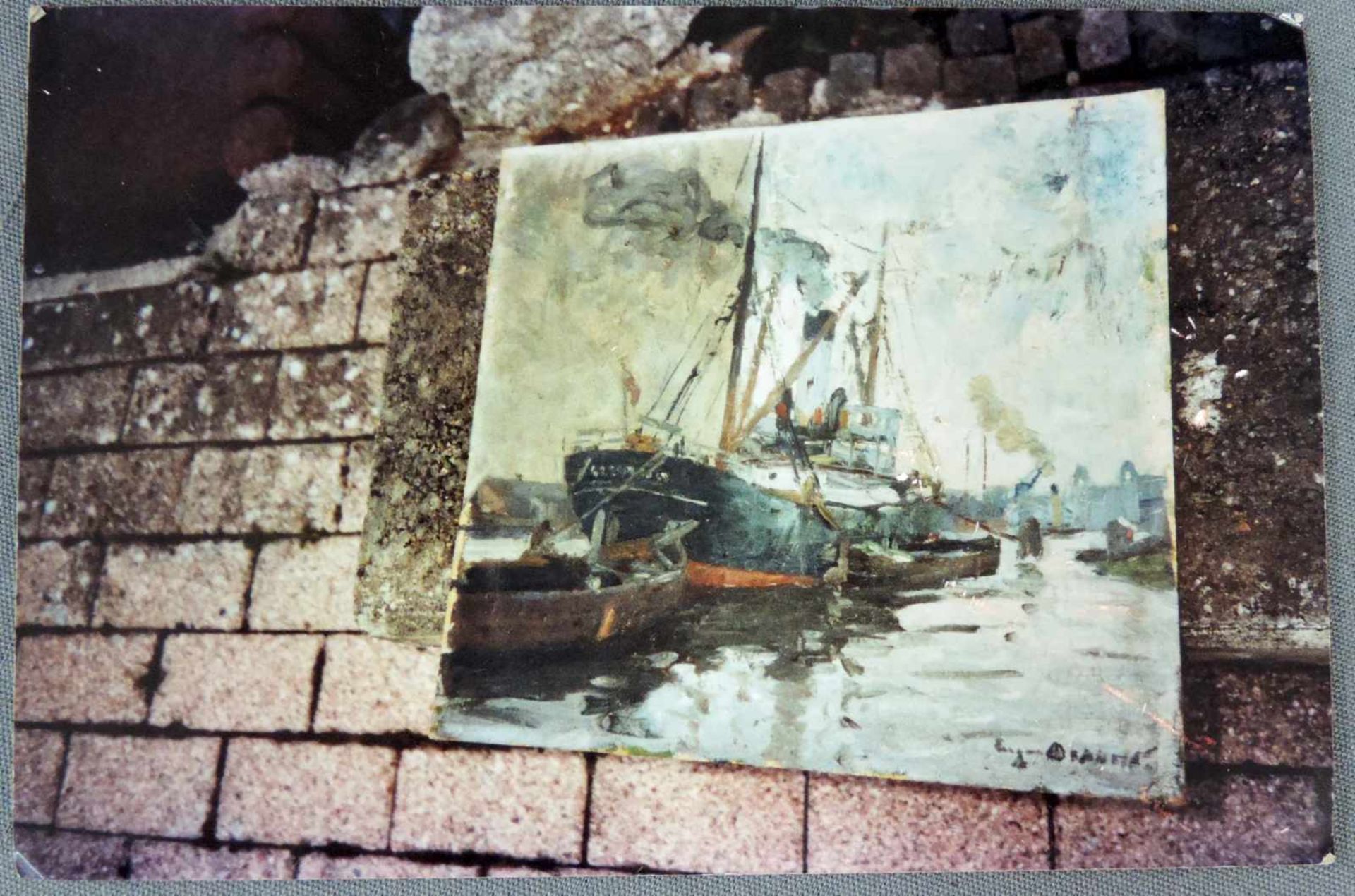 Eugene DEKKERT (1865 - 1956). "English Steamer in German Port". 37 cm x 41 cm. Gemälde. Öl auf - Image 10 of 10