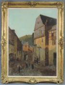 Unsigniert (XIX). Mittelalterliche Stadtansicht mit Bürgern. 83 cm x 61 cm. Gemälde. Öl auf