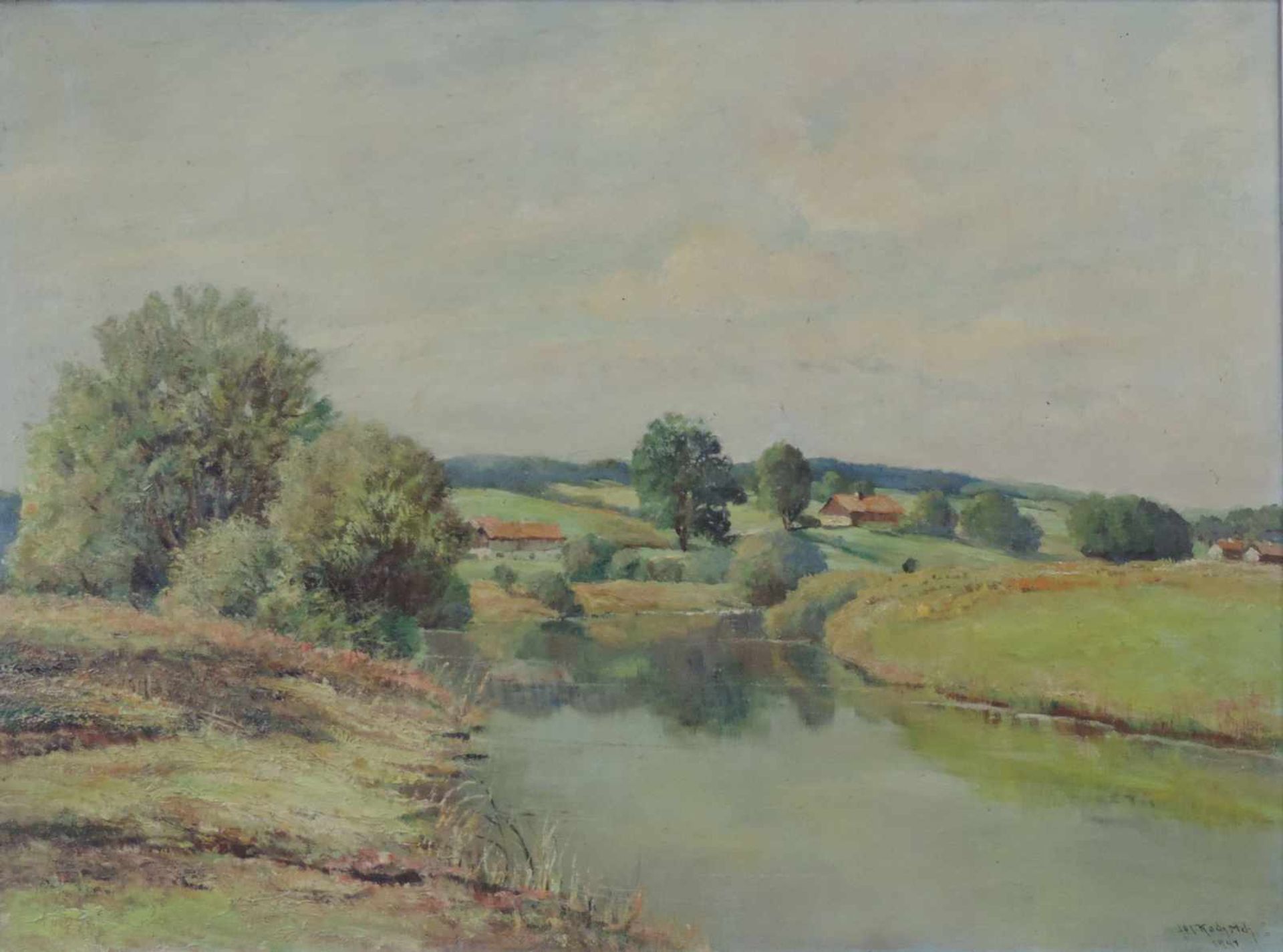 Johann KOCH (XX). Idyllische Landschaft. 61 cm x 81 cm. Gemälde. Öl auf Leinwand. Rechts unten