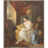 UNDEUTLICH SIGNIERT (XIX). Sitzende Schönheit. 55 cm x 46 cm. Gemälde. Öl auf Leinwand. Passend