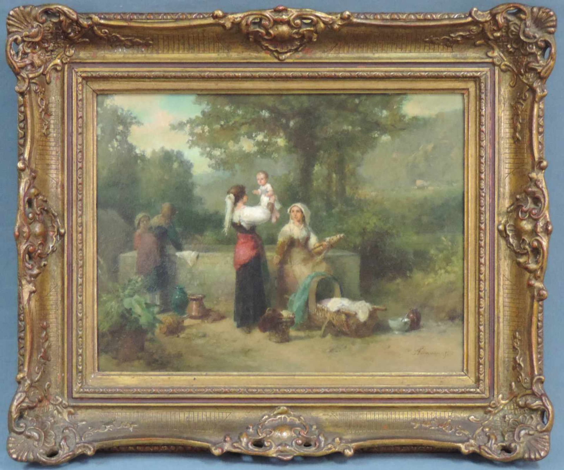 Karel Frans PHILIPPEAU (1825 - 1897). Waschende Frauen am Brunnen. 33 cm x 44 cm. Gemälde. Öl auf