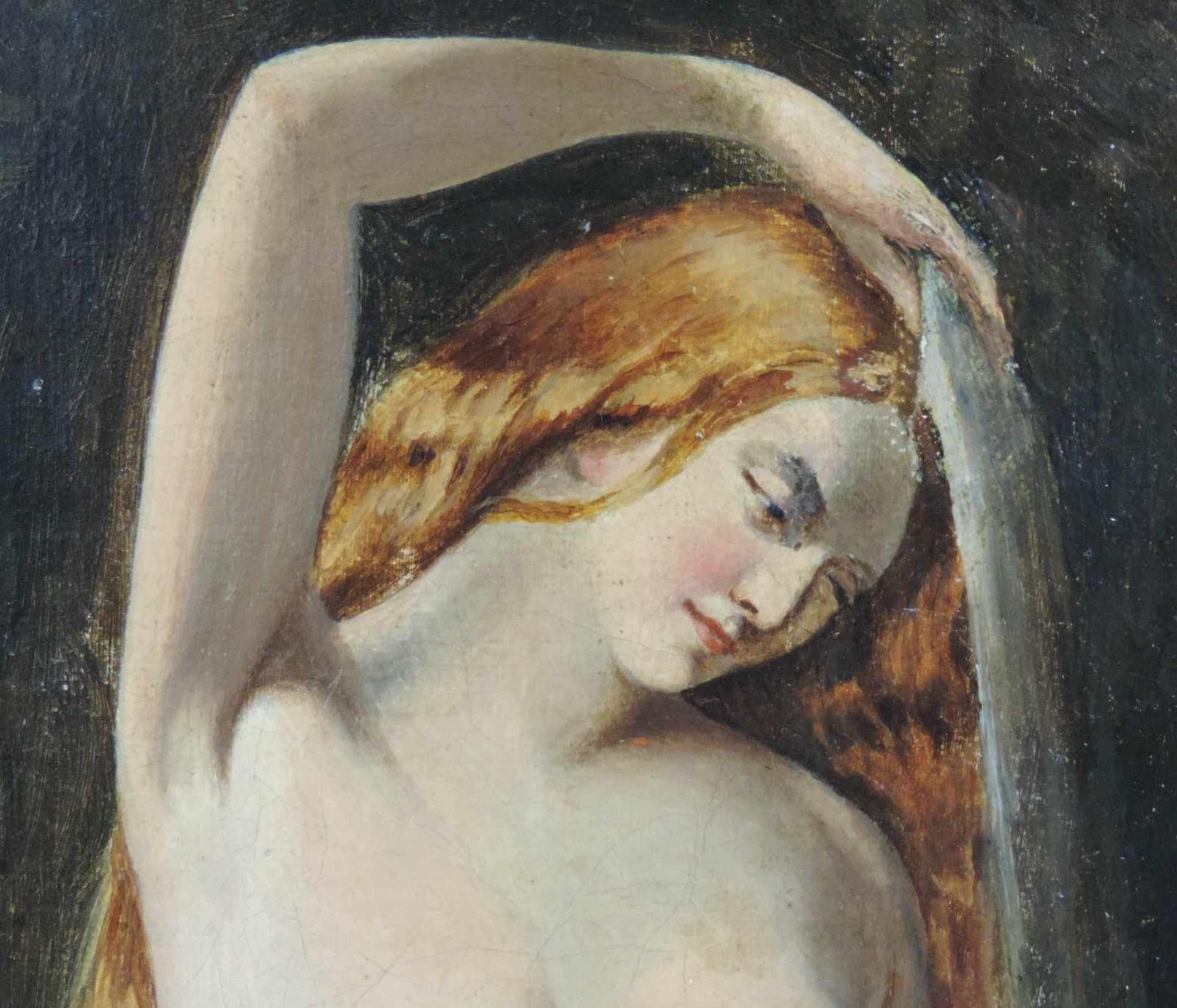 UNDEUTLICH SIGNIERT (XIX). Venus im Bade. 55 cm x 46 cm. Gemälde. Öl auf Leinwand. Passend zur - Image 3 of 5