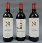 1982 und 1992 (2x) Château Clerc Milon. Grand Cru Classé. Insgesamt 3 ganze Flaschen 75 cl.