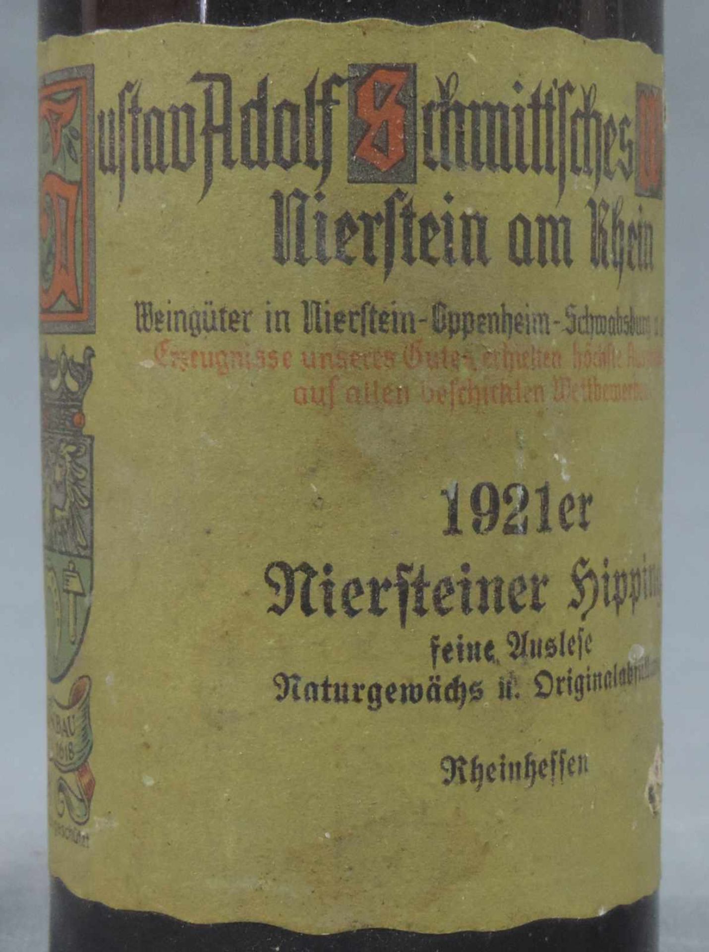 1921 Niersteiner Hipping, feine Auslese. 1 ganze Flasche. Naturgewächs und Originalabfüllung. Gustav - Image 3 of 10