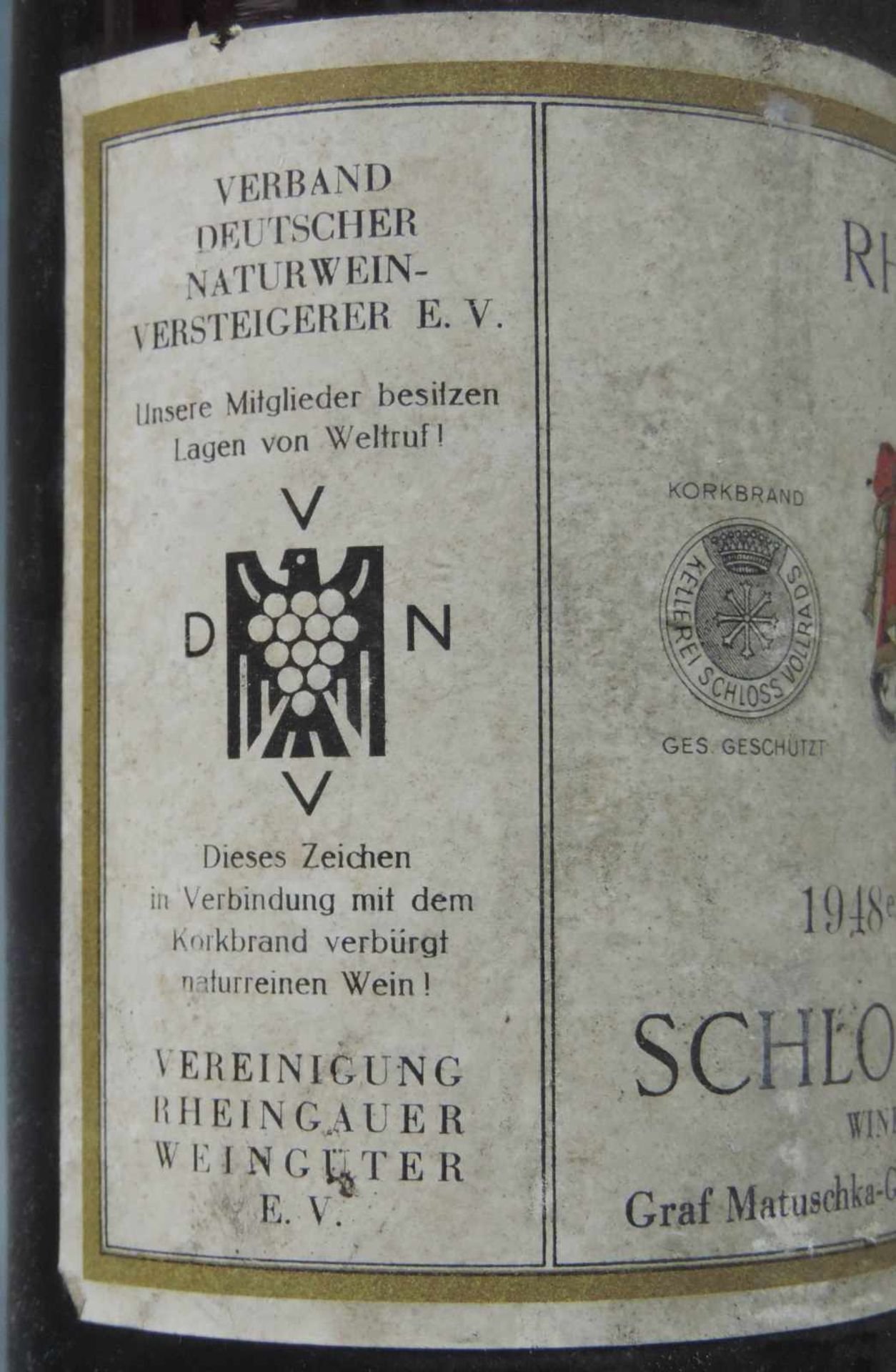 6 Rheingau und 2 Rheinhessen und 2 Württemberg. Ganze Flaschen. 1947 Schloss Vollrads Kabinett - Bild 12 aus 15