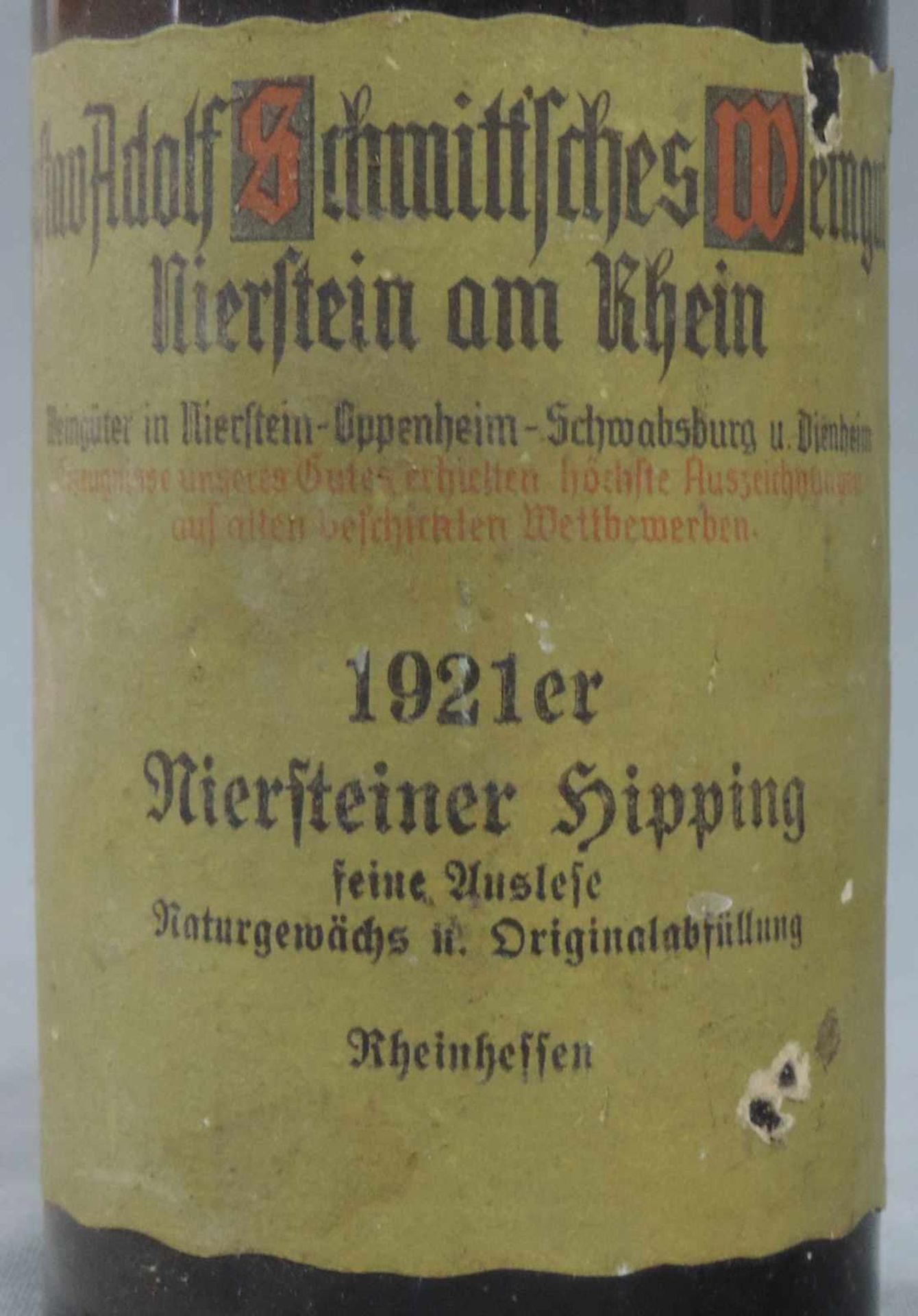 1921 Niersteiner Hipping, feine Auslese. 1 ganze Flasche. Naturgewächs und Originalabfüllung. Gustav - Image 4 of 10