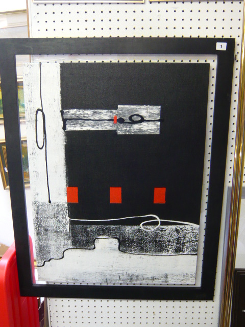 A modern abstract in black, white, red and grey, acrylic on canvas (79 x 58.5 cms), black wood