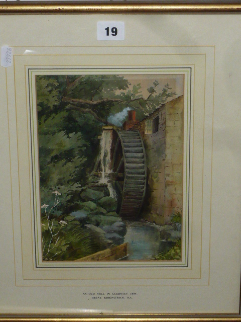 An Old Mill in Guernsey' by Irene Kirkpatrick, 1884, watercolour (24 x 17 cms), gilt frame (1)
