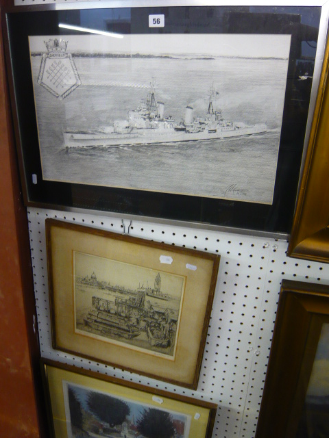 HMS Sheffield' by J.H. Gardner, signed and dated 24.6.1992, pencil, with armorial (33 x 54 cms),