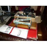 A quantity of interesting items including a vintage Rolls Razors box, tie presses, old electric