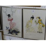 A pair of watercolour and ink cartoon depictions of opera scenes by Claude, each signed, from '