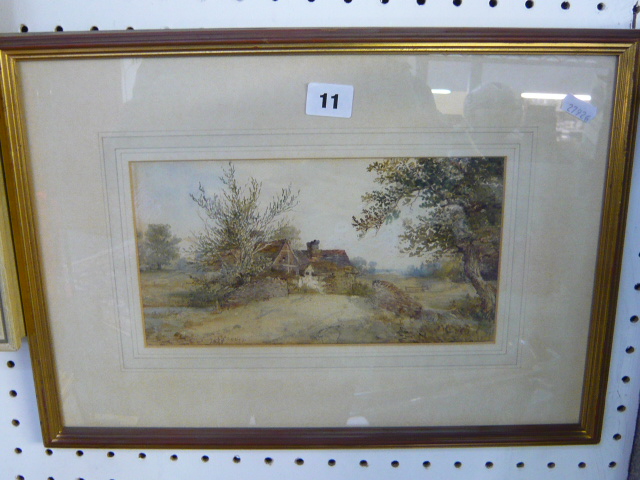 A small watercolour of a cottage by a willow tree by C. Cooper, signed and dated 1875 (14 x 26 cms),