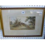 A small watercolour of a cottage by a willow tree by C. Cooper, signed and dated 1875 (14 x 26 cms),