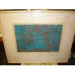 A limited edition abstract print after Pearl Gelb, of two figures facing, in blues and reds,