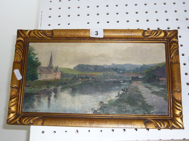 An oil of a canal scene with a small church and distant hills by A. de Koninck, signed (17 x 32