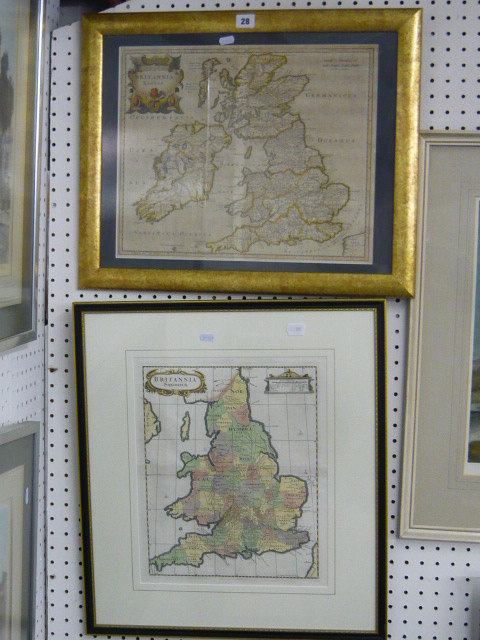 Britannia Romana', a hand-coloured print of Morden's 1722 map (36 x 44 cms), gilt frame; and '