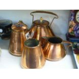 An interesting copper tea set, c.1900, of tapering form, of teapot, milk jug, sugar basin and caddy,