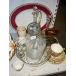 A 19th century Wama iron on trivet, an etched glass fruit service, small Dresden cup,