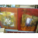 Two modern abstracts each signed Susana, in tones of brown, white, red and yellow, one a diptych,