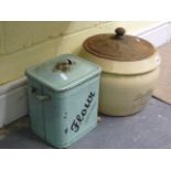 A Doulton Lambeth stoneware improved bread pan and lid, and an enamel flour bin 'Pride-o- Home' (