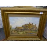 A Victorian watercolour of an old thatched farmhouse with figures, gilt painted frame and a still