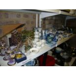 Two shelves of china and decorative items to include a Royal Albert Brigadoon part tea service, a