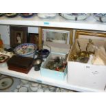 A shelf of interesting items including a small Stanley 220 plane, Japanese porcelain bowl, copper