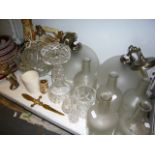 A pair of glass ceiling lights, plus other glassware including five glass Chivas bros bottles with