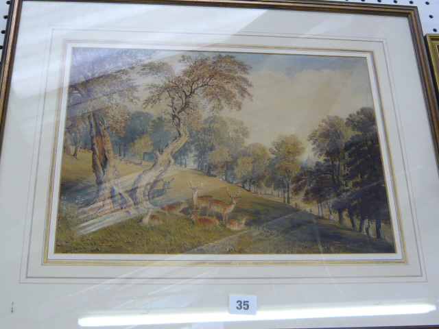 Greenwich Park' by John Burgess, deer in the foreground, buildings and figures in the background,