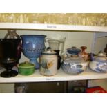 A quantity of stoneware tureens with covers, vases and lids, a small Doulton Lambeth vase, a