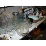 A quantity of glass vases, jugs and fruit bowls, a selection of kitchen ware including bread bin,