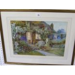 A lighted house in a summer dusk, surrounded by a garden in full bloom, by H. Bellamy, signed and