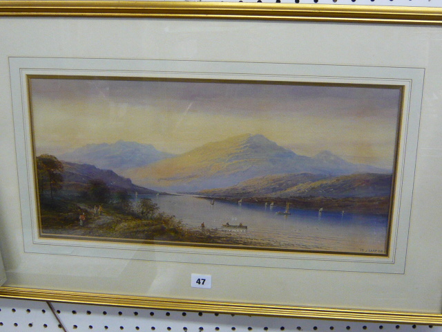 Boats on a lake, with figures on a shoreline path, mountain background, by J. Earp, signed and dated