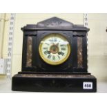 A late 19th century French slate mantel clock with marble inlay, gong-striking movement by Parrot