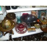 Two shelves of decorative china and glassware to include glass vases, ruby flash cut fruit bowl